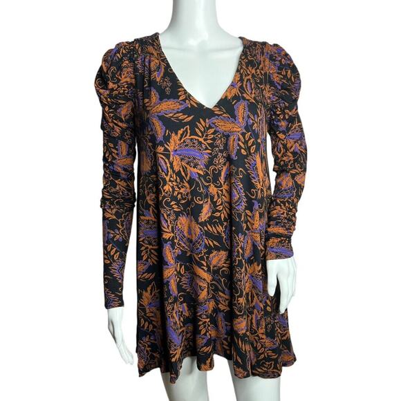 Free‎ People Shirt Womens XS Black Purple Noir Floral Print Hello Lover Bohemian - Picture 1 of 9